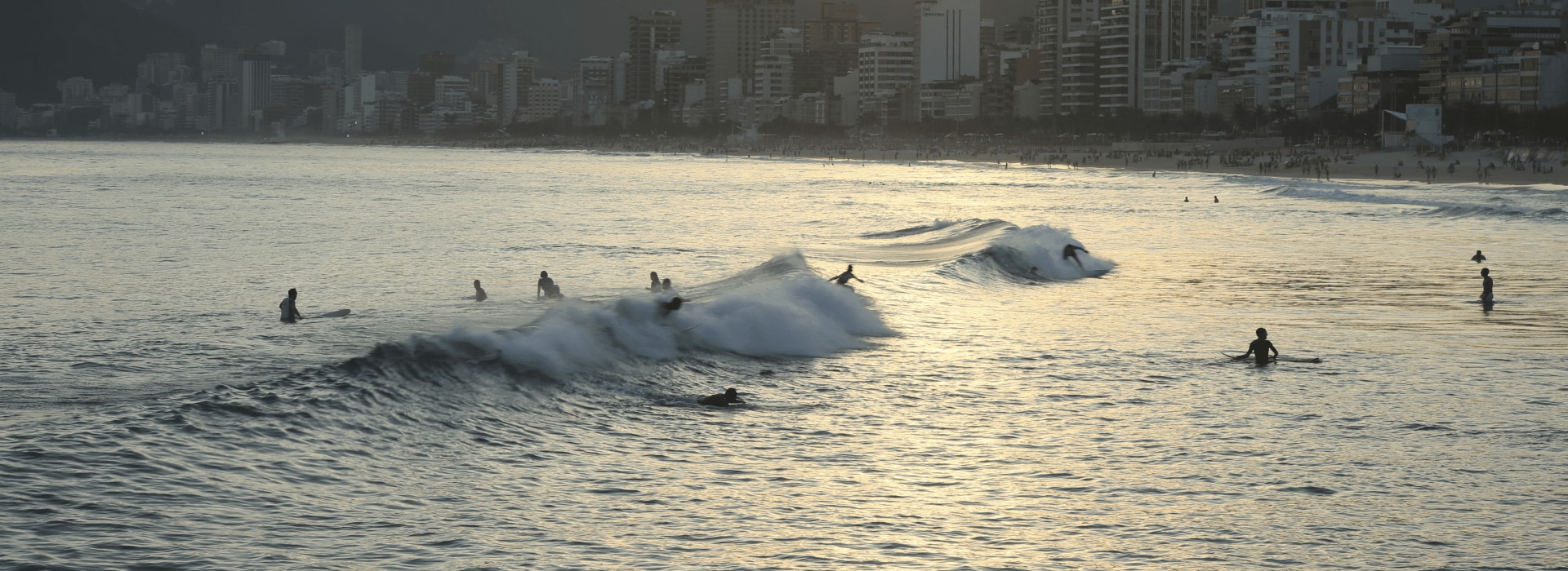 A bunch of surfers enjoying the waves in the beach.