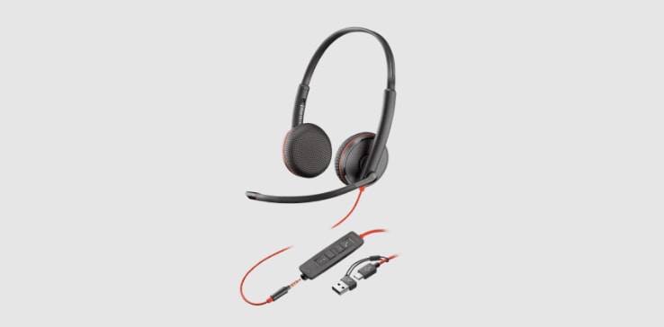 Poly Blackwire 3225 Corded UC stereo headset with inline controls and connection option of 3mm or USB-C to USB-A Adapter