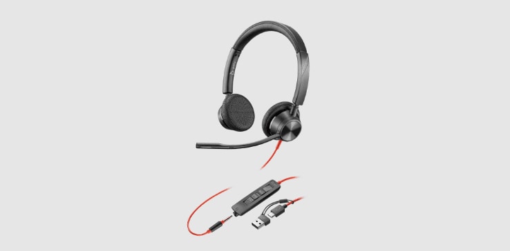 Poly Blackwire 3300 Corded UC stereo headset with inline controls and connection option of 3mm or USB-C to USB-A Adapter