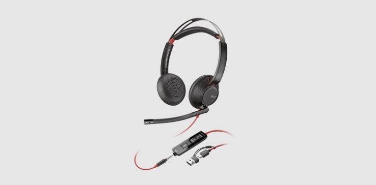 Poly Blackwire 5220 corded UC stereo headset with inline controls and connection option of 3mm or USB-C to USB-A adapter