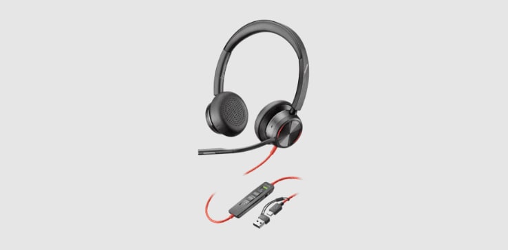 Poly Blackwire 8225 corded UC stereo headset with USB-C to USB-A adapter