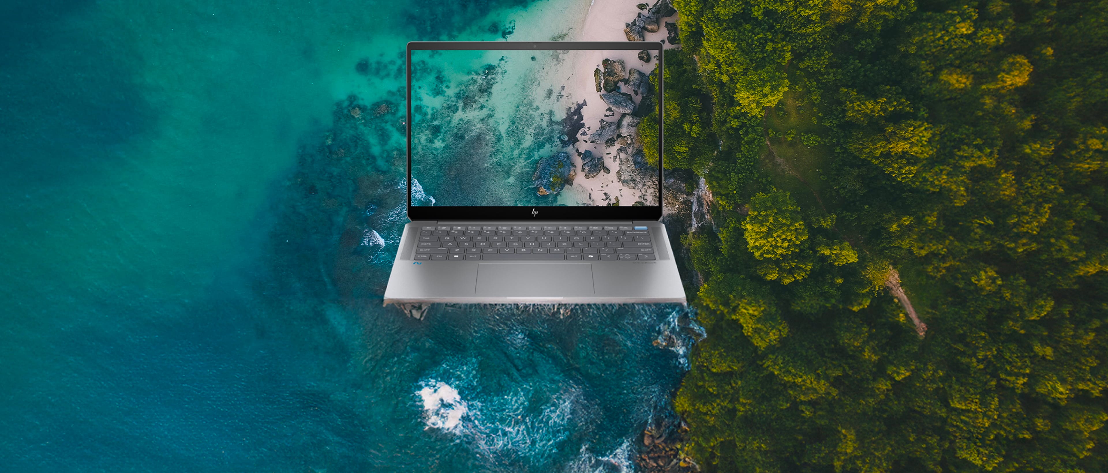 HP OmniBook Ultra Next Gen AI PC​ laptop showing a sea in top view on the screen