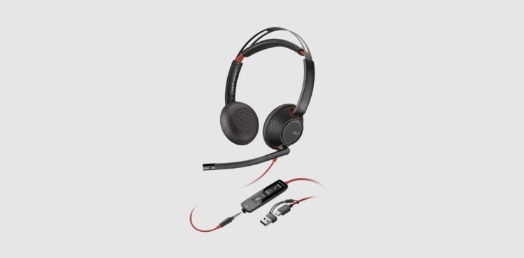 Poly Blackwire 5220 noise cancelling wired stereo headset showing inline controls and USB-A connector​