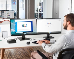 Two HP monitors connected to an HP Chromebox Enterprise G3.