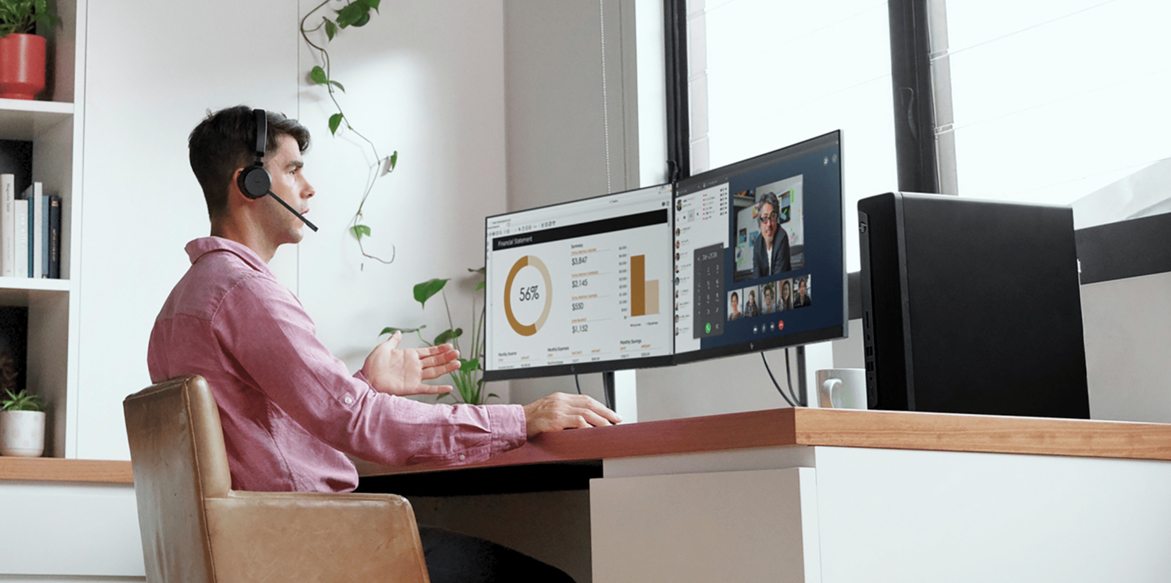 A photo of a man in an HP Poly headset reviewing an HP Workforce Experience device telemetry dashboard and speaking to teammates via a video feed.