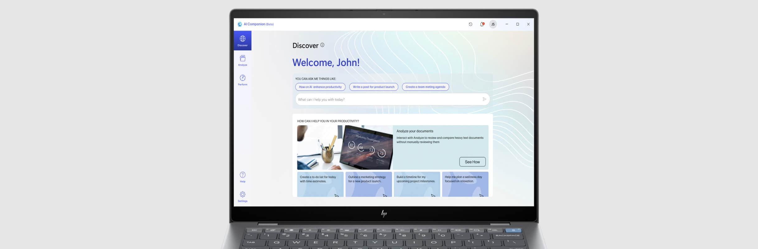 Laptop screen showing the Discover option on the HP AI Companion app