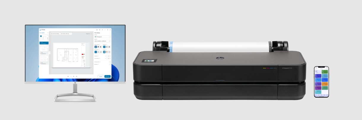 Front view of the HP DesignJet T250 plotter with a monitor and a mobile device on the sides