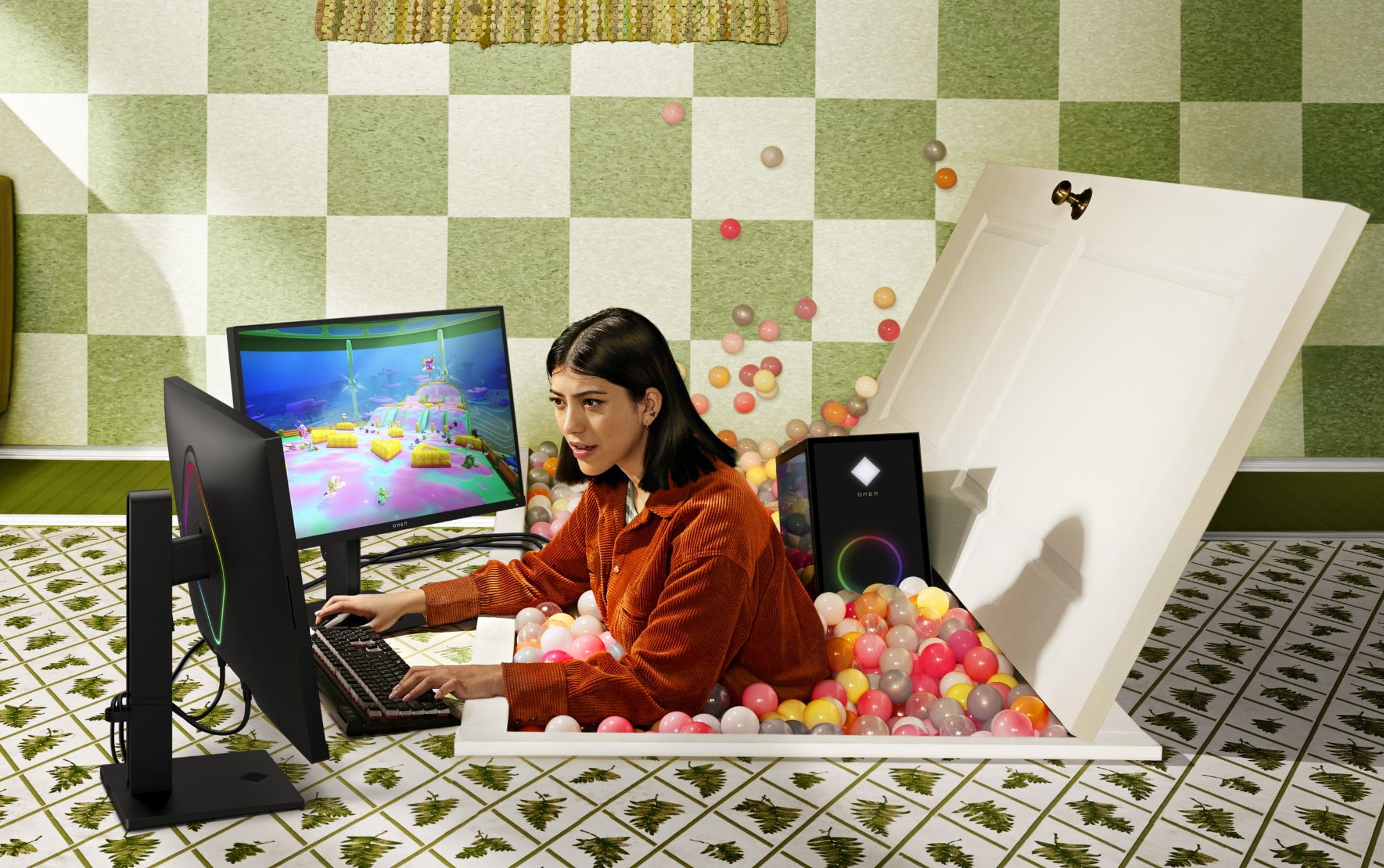 A woman gaming on two HP OMEN monitors connected to an HP OMEN desktop on a funny seat with colored plastic balls.