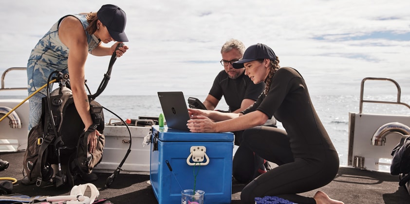 A group of biologists working on a beach and looking some data on an HP laptop.