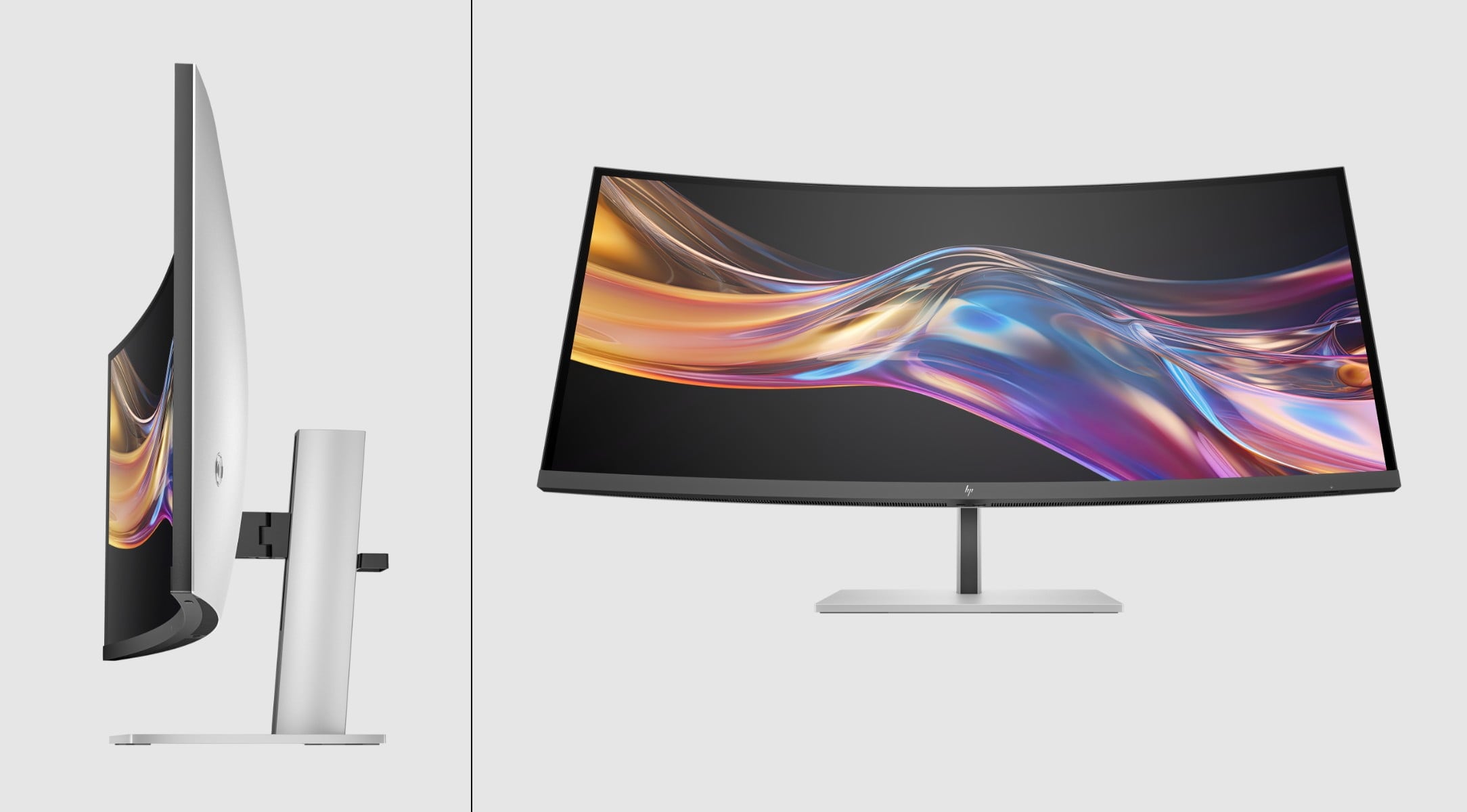 An HP E45c G5 DQHD Curved Monitor with orange waves background on its screen on side, front and top views.