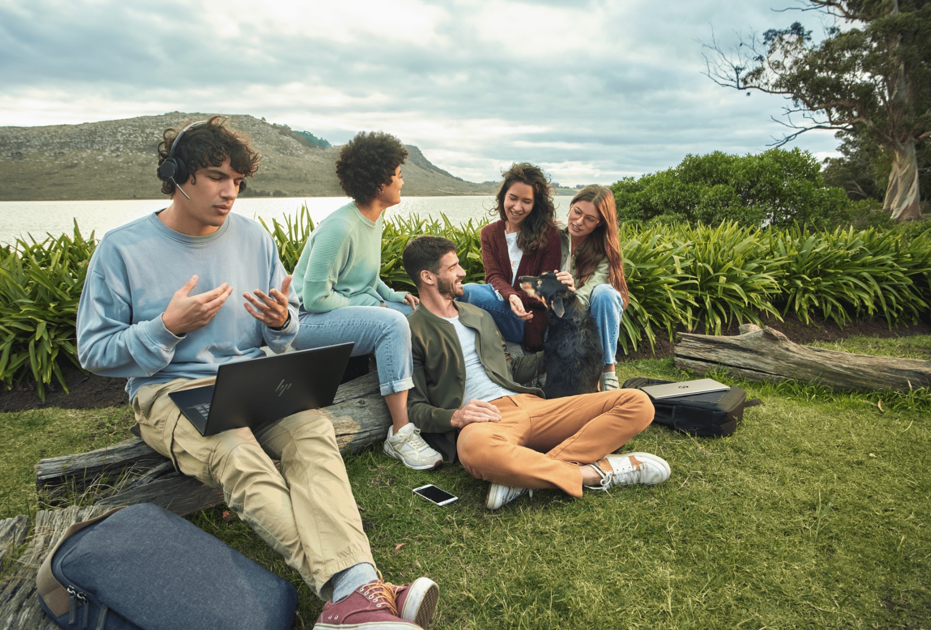 Group meeting outside with HP laptop