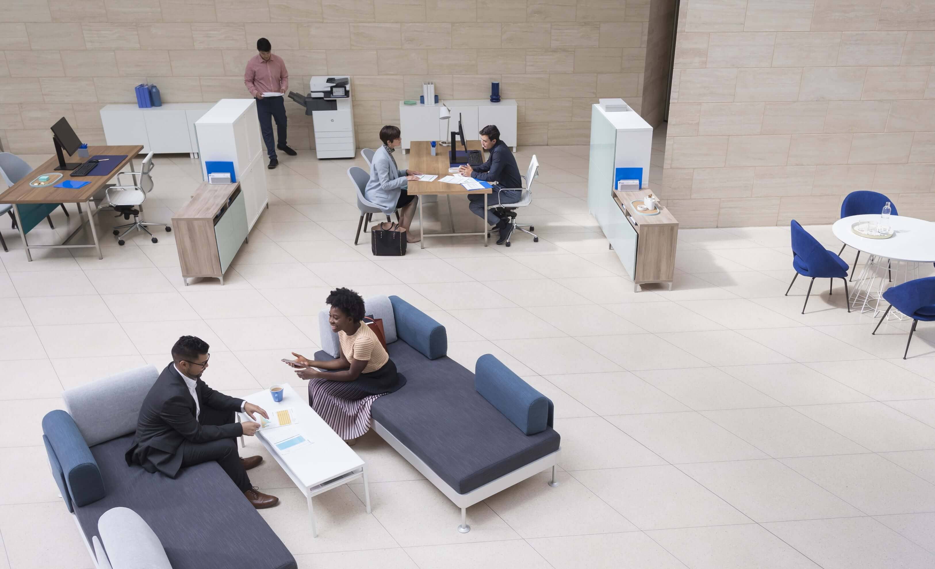 Bank lobby with professionals and customers, HP LaserJet Enterprise MFP