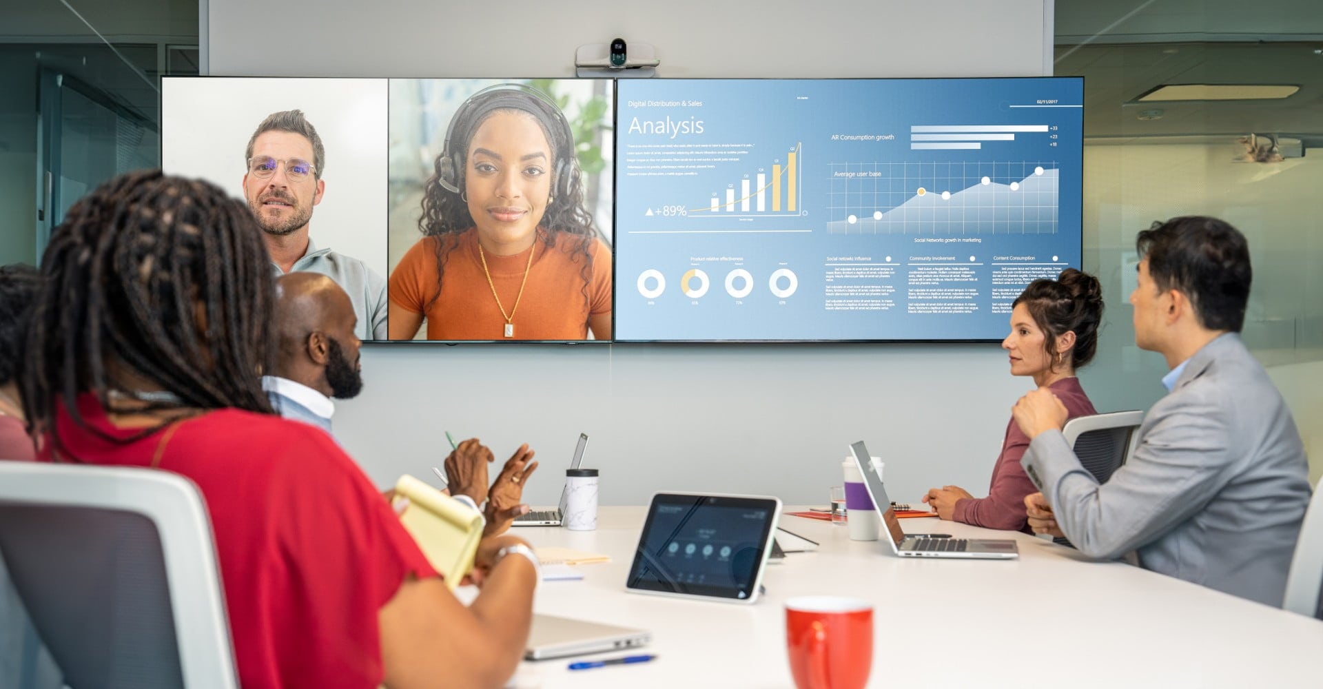 Large conference room with people engaged in a content-sharing video conferencing call using Poly Studio E70 camera