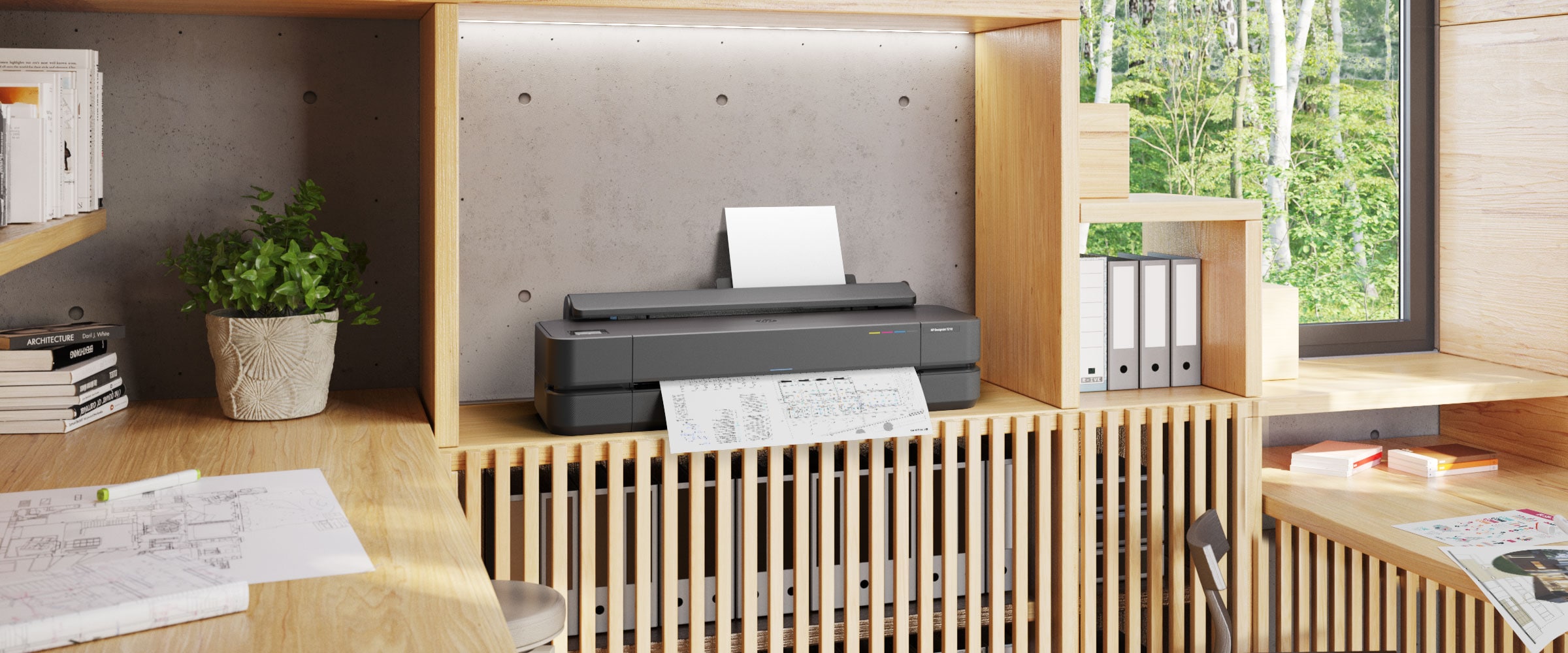 HP DesignJet T250 plotter with media output