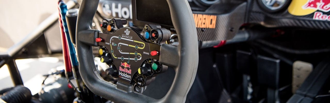 Race car steering wheel as example of 3D printed car parts by Triple Eight Racing