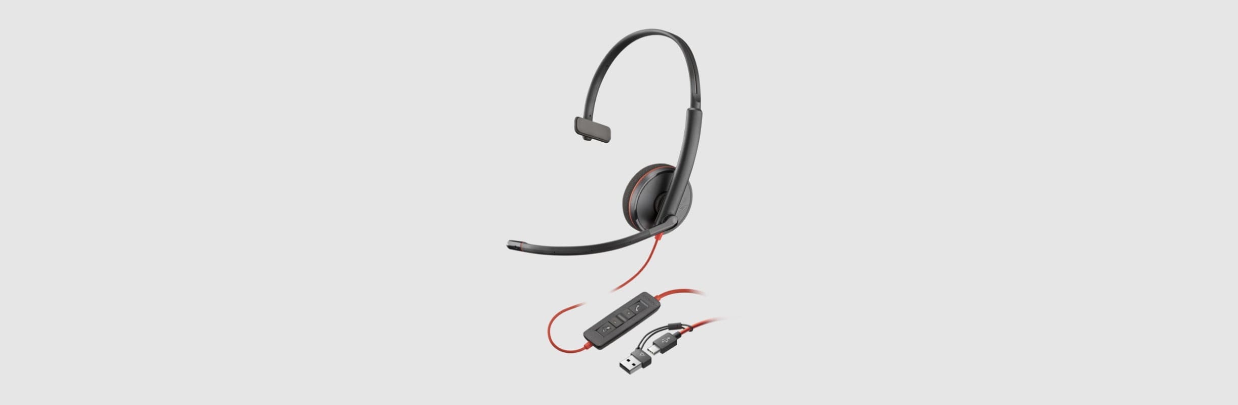 Poly Blackwire 3210 corded UC mono headset with inline call controls and USB-C to USB-A adapter