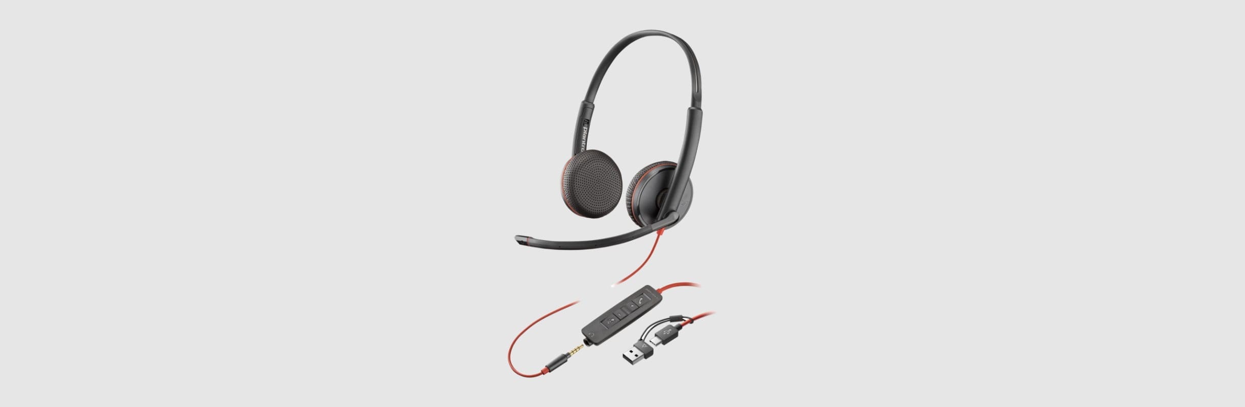 Poly Blackwire 3225 corded UC stereo headset with inline controls and connection option of 3mm or USB-C to USB-A Adapter