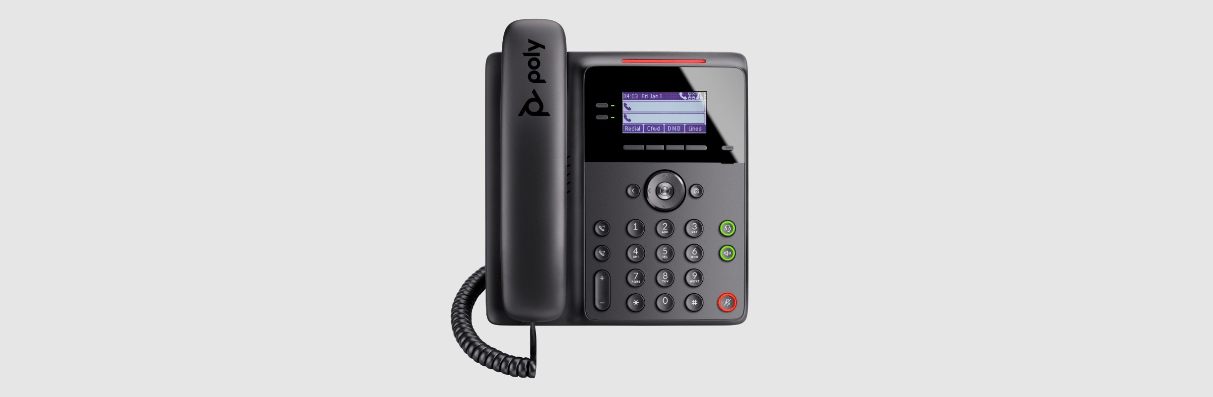 Poly Edge B1- - B20 IP desk phone showing two lines on screen menu