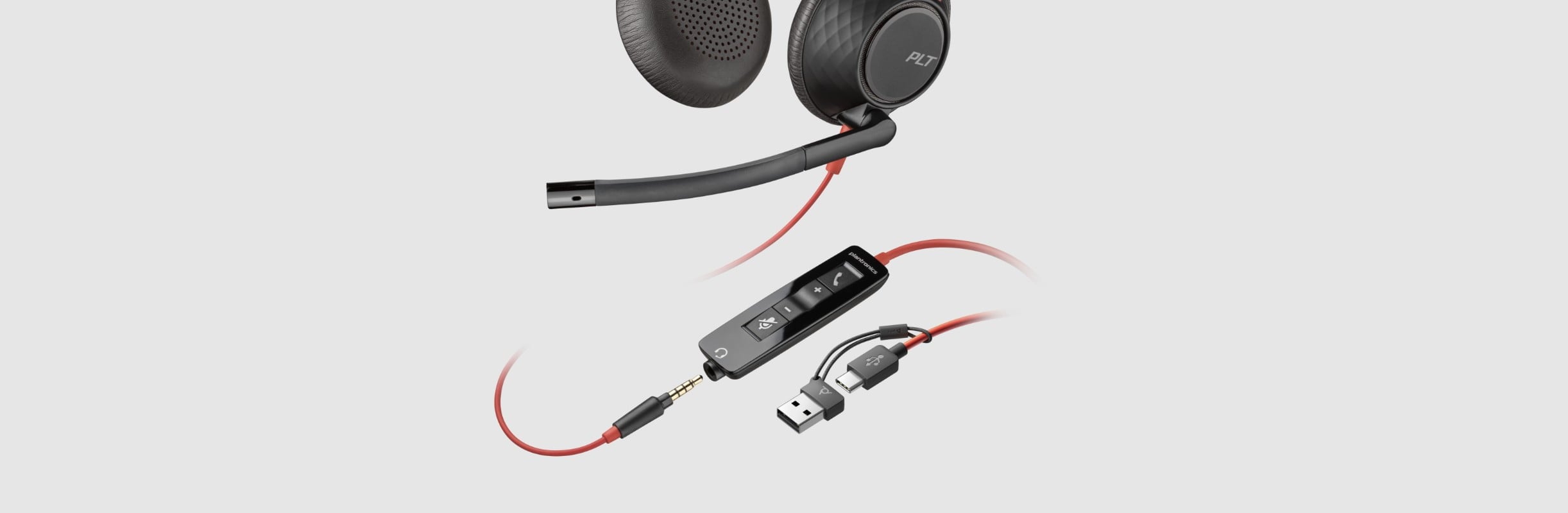 Inline call controls and optional 3.5mm connection for the Poly Blackwire 5220 stereo USB wired headset 