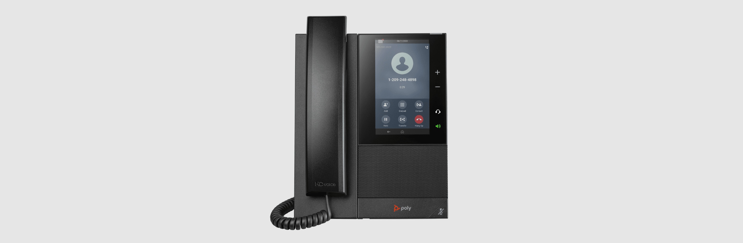 Poly CCX500 open SIP desk phone with handset showing touchscreen controls during a call