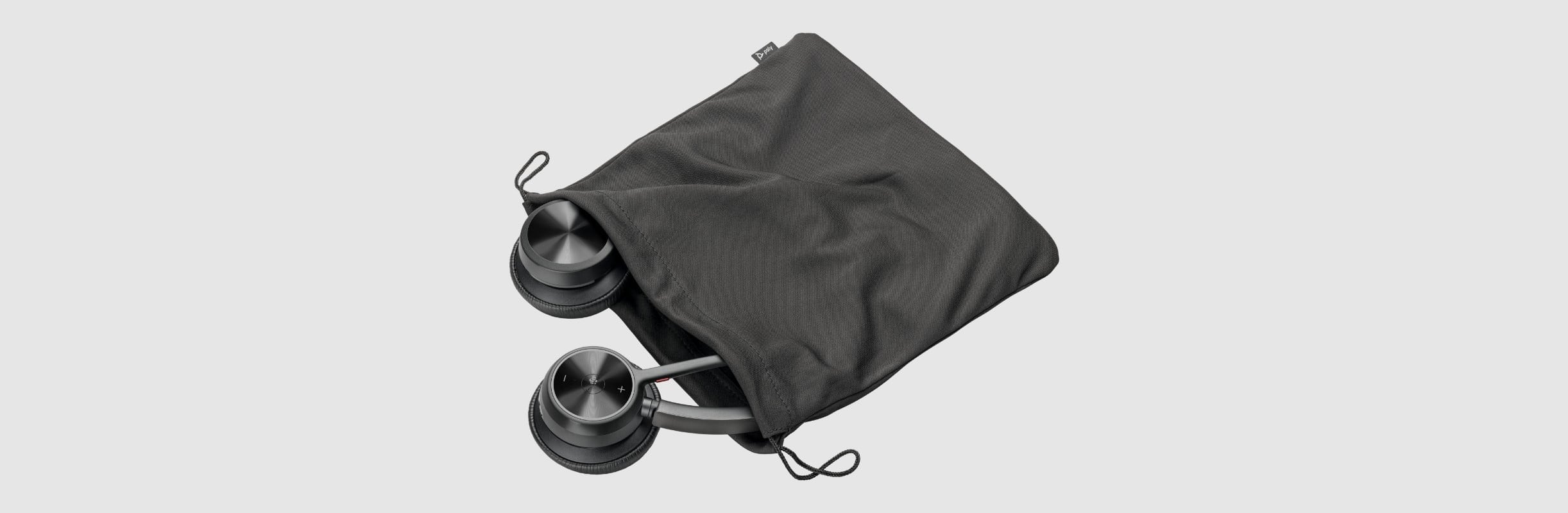 Poly Voyager 4320 stereo headset inside the travel pouch