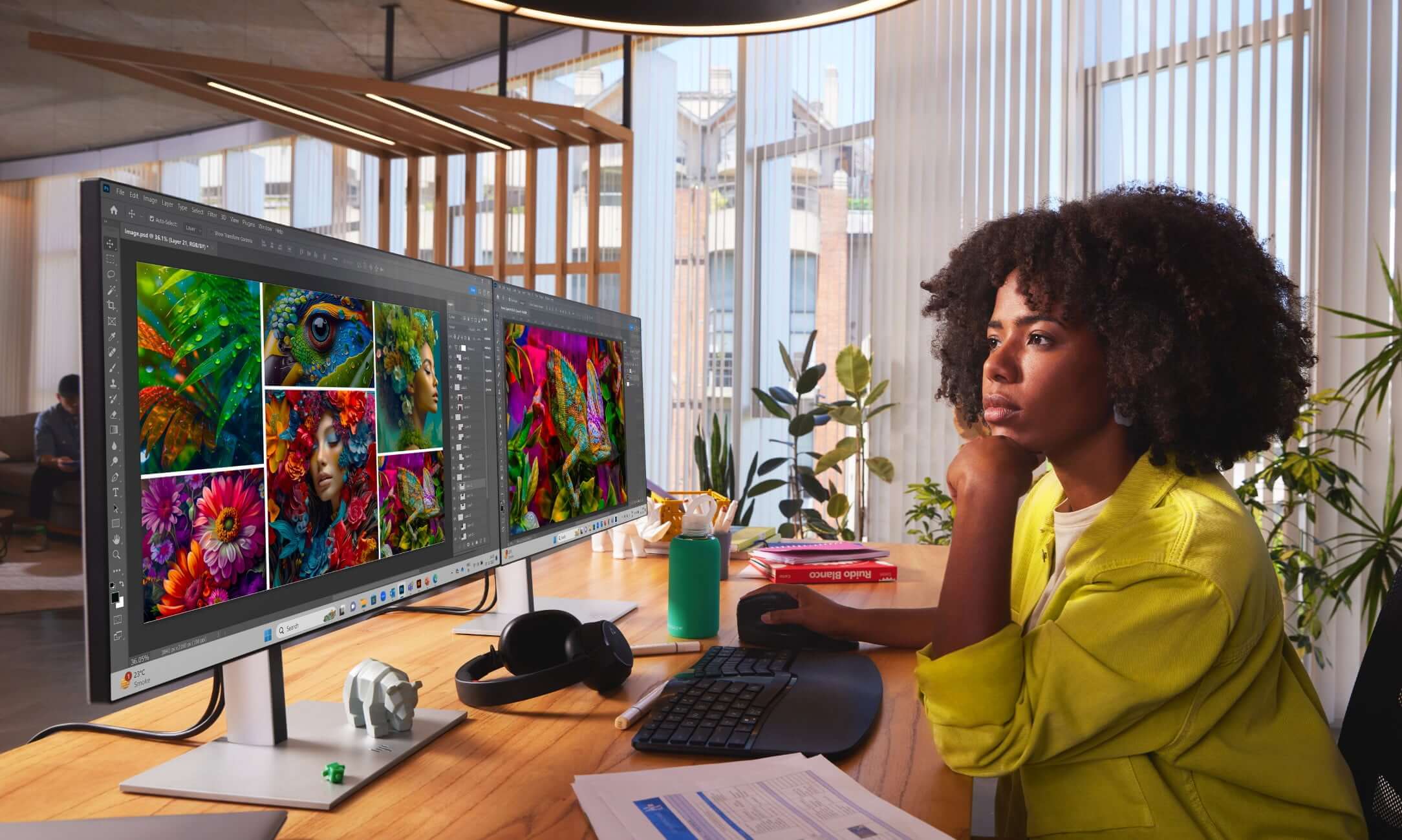 woman standing in front of 2 HP monitors