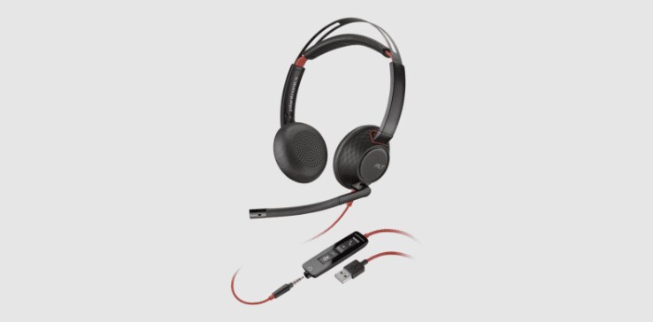 Poly Blackwire 5220 noise cancelling wired stereo headset showing inline controls and USB-A connector​