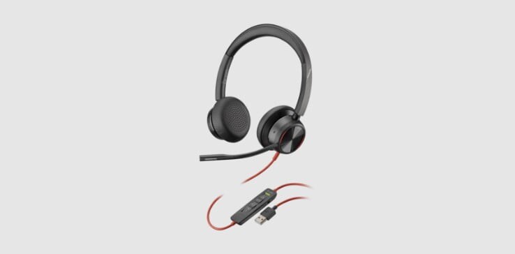 Poly Blackwire 8225 noise cancelling wired stereo headset showing inline controls and USB-A connector​