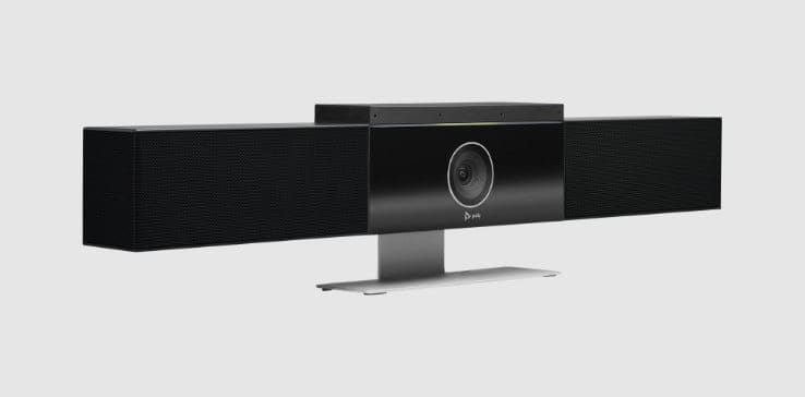 Poly Studio USB video conferencing bar on a table stand​