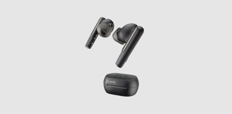 Poly Voyager Free 60+ UC wireless earbuds shown with case​