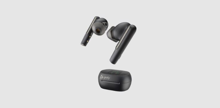 Poly Voyager Free 60+ UC wireless earbuds shown with case​