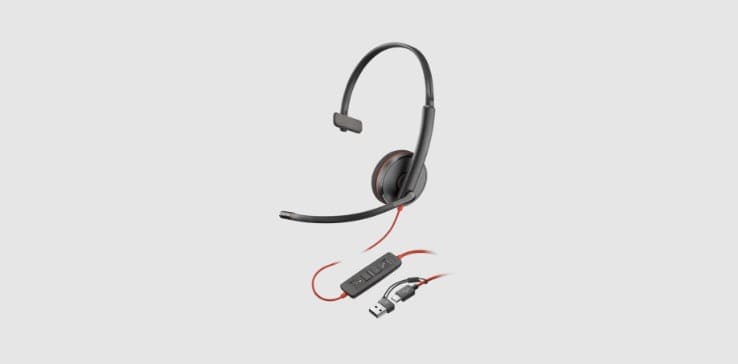 Poly Blackwire 3220 noise cancelling wired stereo headset showing inline controls and USB-A connector