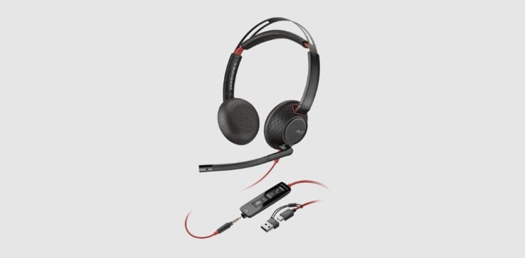 Poly Blackwire 5220  wired USB headset showing inline controls and 3.5mm connector