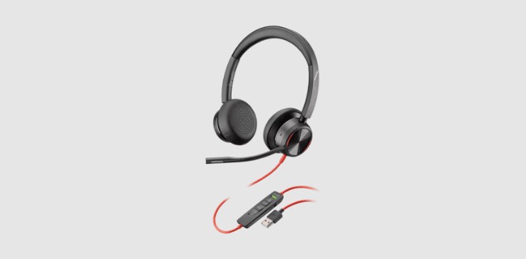 Poly Blackwire 8225 noise cancelling wired stereo headset showing inline controls and USB-A connector​