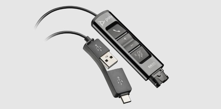 Poly DA85 USB adapter to Quick Disconnect connector for Poly headsets, showing inline controls.