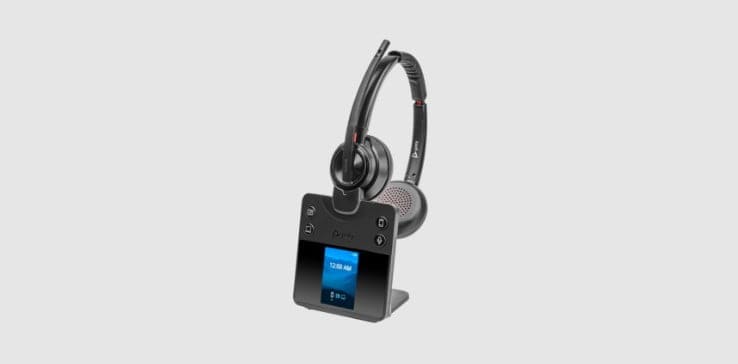 Poly Savi 8420 Office series DECT wireless headset on base stand with color display for multi device connectivity