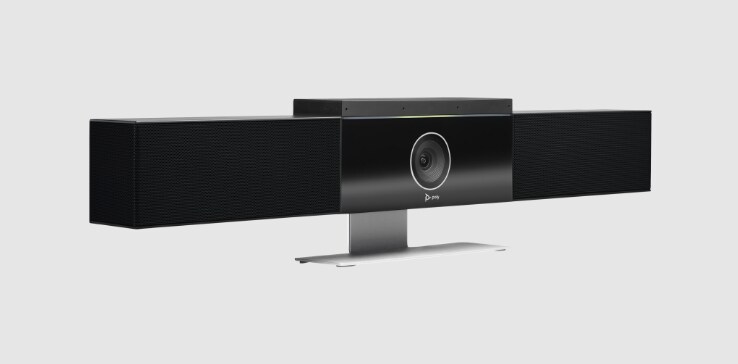 Poly Studio USB video conferencing bar on a table stand​