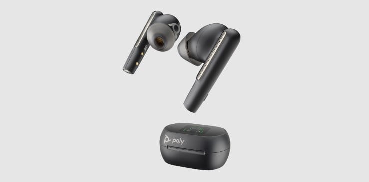 Poly Voyager Free 60+ UC wireless earbuds shown with touchscreen charging case