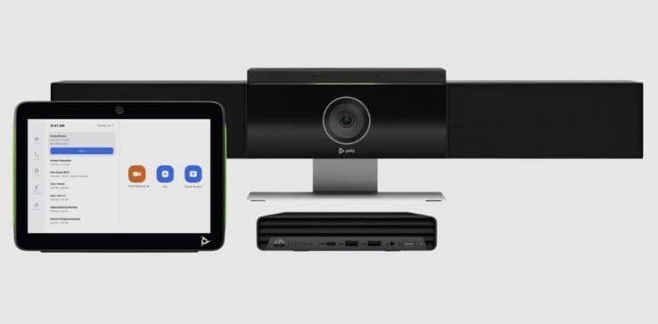 Poly Studio USB video conferencing camera, touchscreen controller and mini collaboration pc bundle for medium meeting rooms