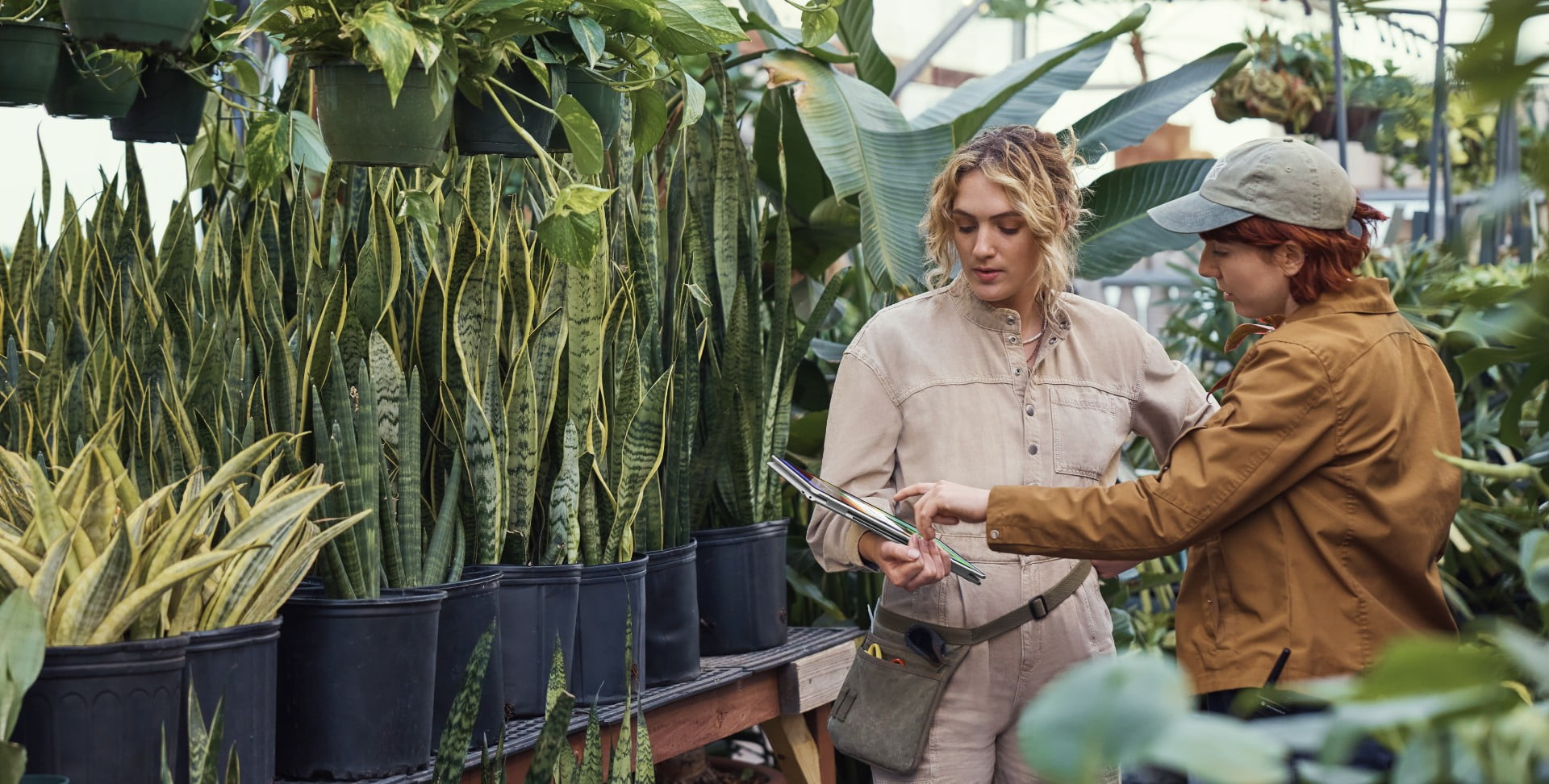 Two people talking in a garden while one is holding an HP Spectre on tablet mode.