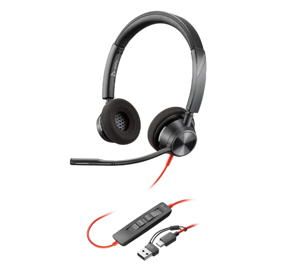 Poly Blackwire 3320 corded stereo UC headset with inline call controls and USB-C to USB-A adapter