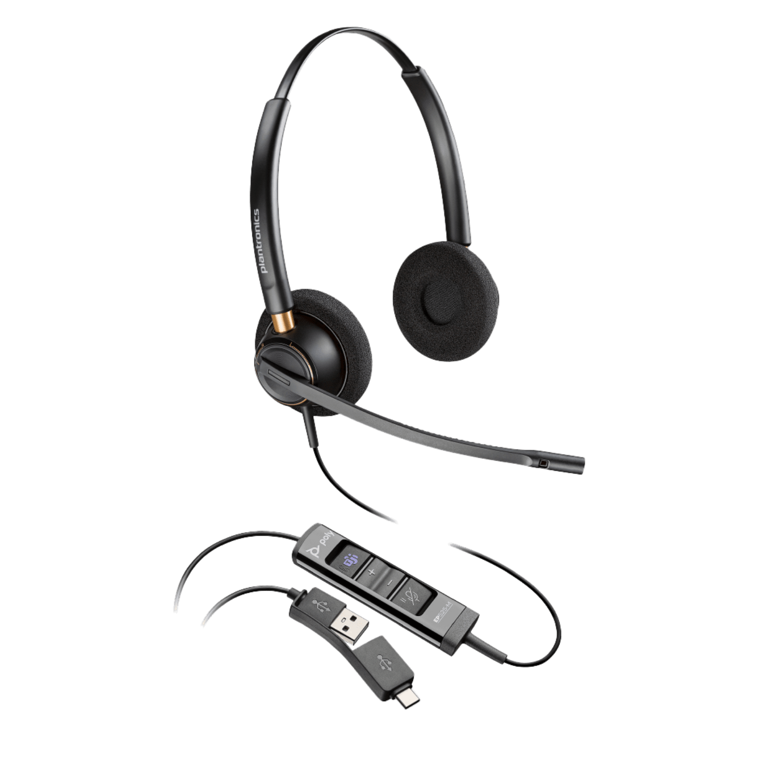 A black stereo headset that is corded to connect to a phone or a computer. Connects using a USB-A cord. Cord has audio and call setting controls.