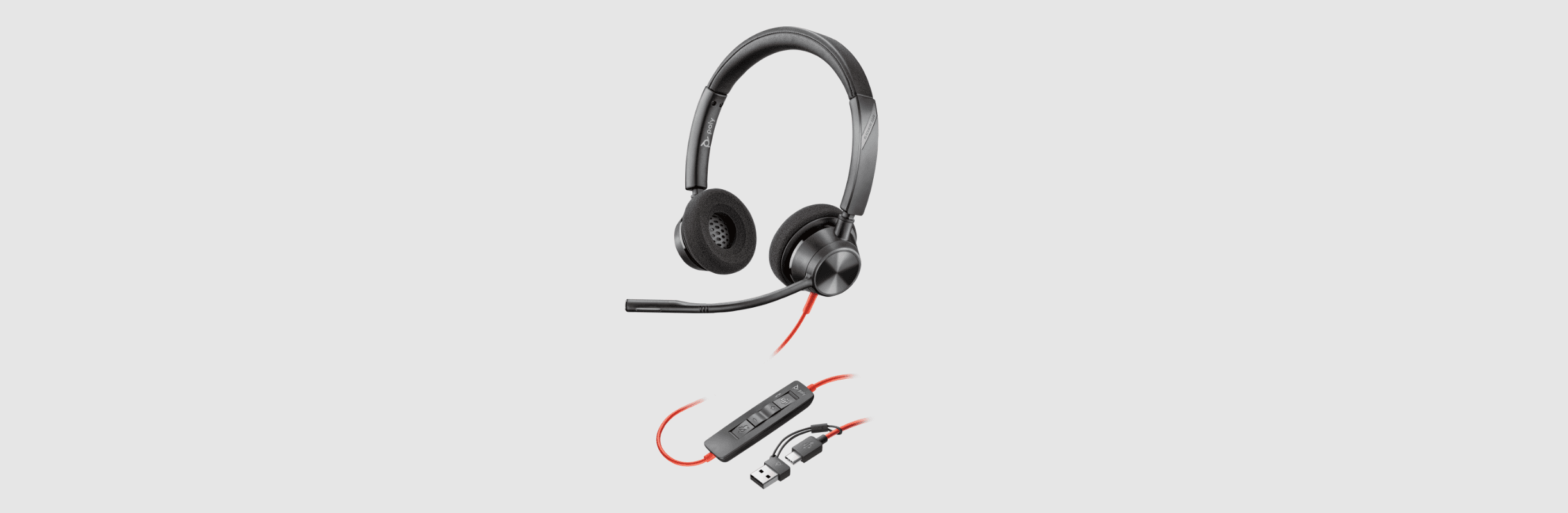 Poly Blackwire 3320-M corded stereo UC headset with inline call controls and USB-C to USB-A adapter