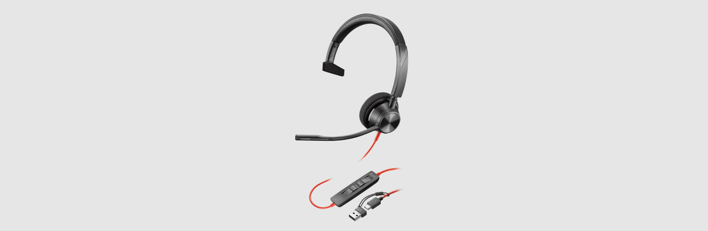 Poly Blackwire 3310 Corded mono UC headset with inline call controls and USB-C to USB-A adapter