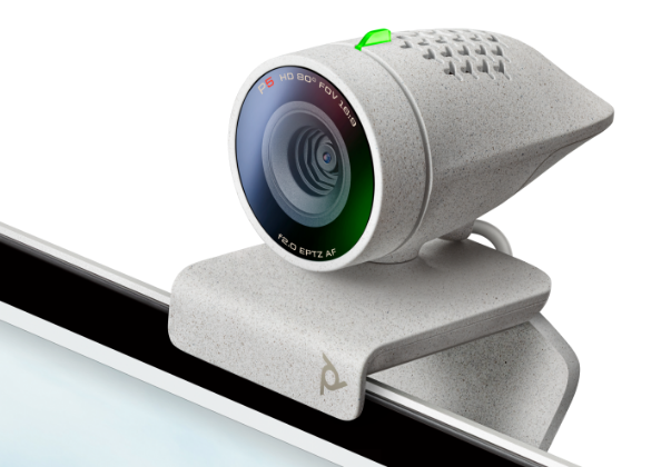 Poly Studio P5 webcam shown mounted atop desktop monitor