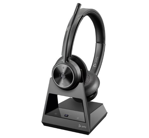 Poly Savi 7310 DECT wireless headset connected to charge stand