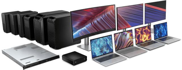 Z by HP products, entry and high-end desktops, 1U rack, Z2 Mini, HP monitors and ZBook workstations.